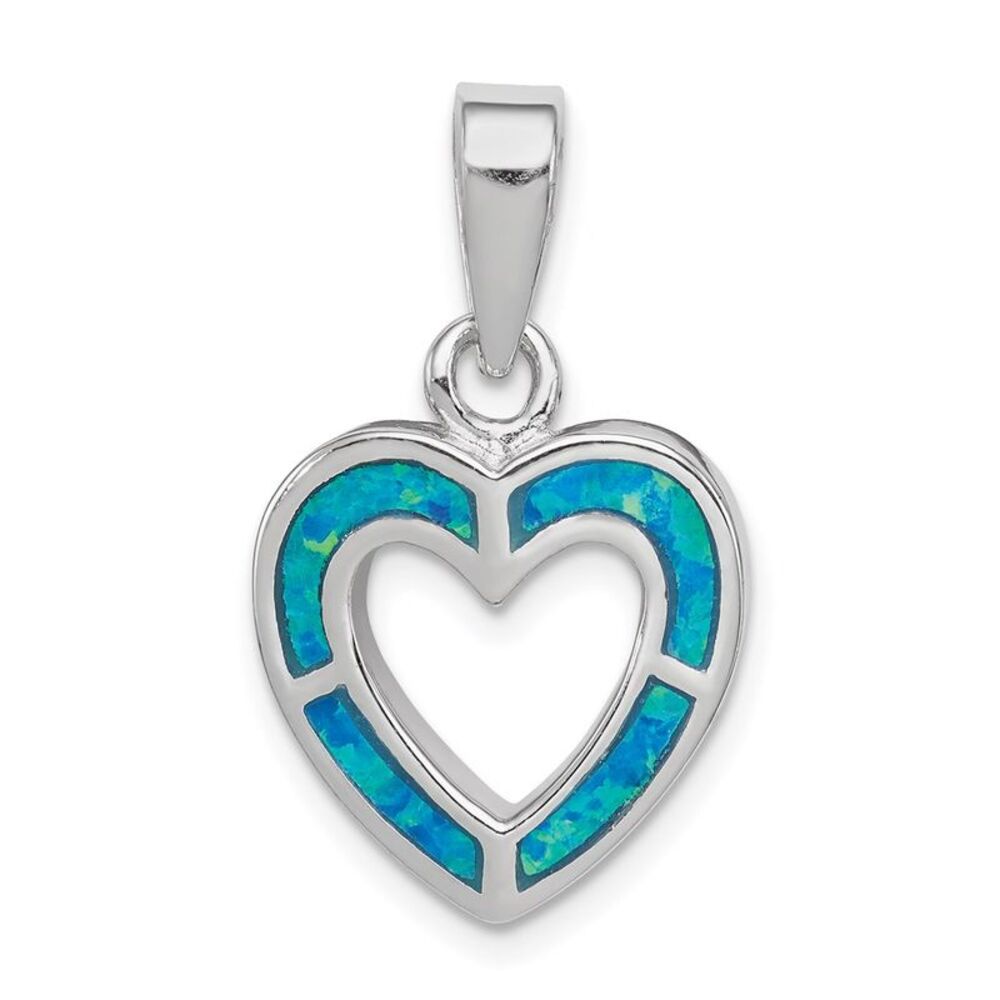 Sterling Silver and Created Blue Opal Open Inlay Heart Pendant, 15mm